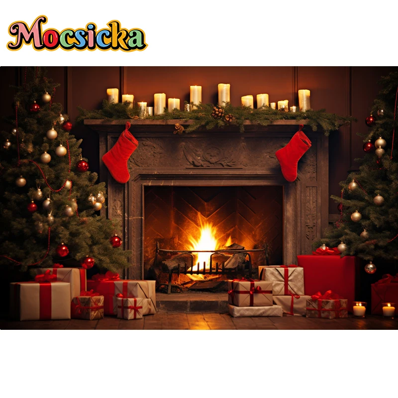 Mocsicka Kerst Open haard Fotografie Achtergrond Kerstboom Cadeau Decoratie Kinderen Verjaardag Portret Achtergrond Fotostudio Props