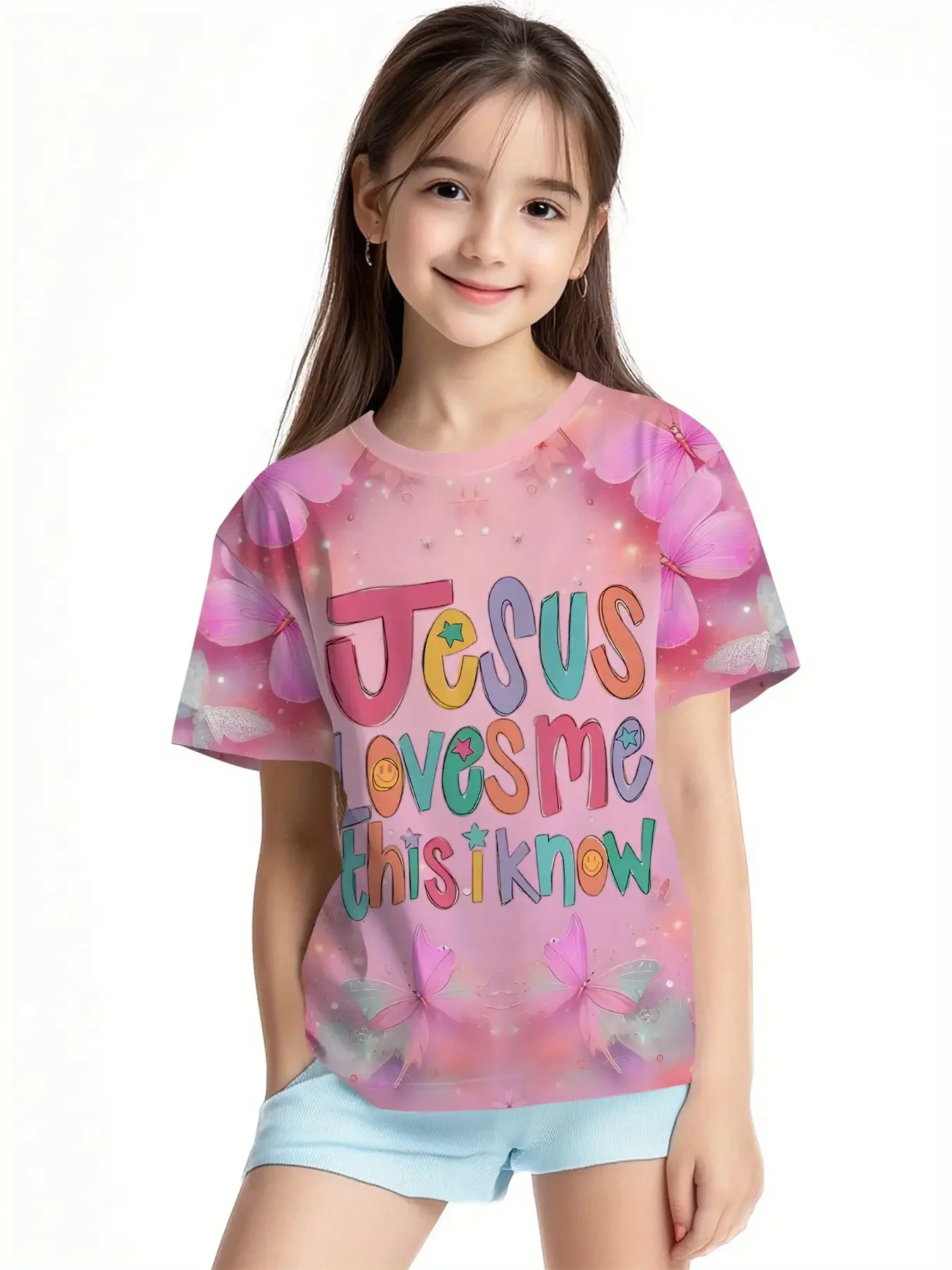 Jesus Loves Me Letter Print Girls T-Shirt, Pink Glitter Butterfly Crew Neck Short Sleeve Toddler Casual Top