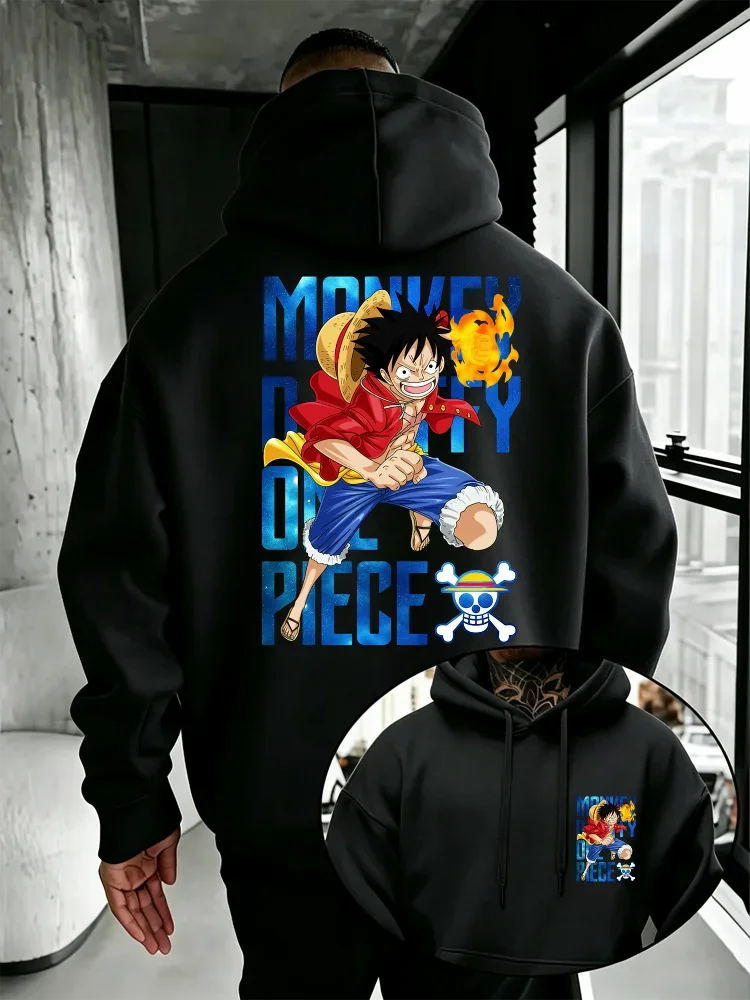 One Piece Monkey D Luffy Hoodie Front BackPrint Luffy Portrait Straw Hat Pirate Logo Anime Fan Casual Pullover Hooded Sweatshirt