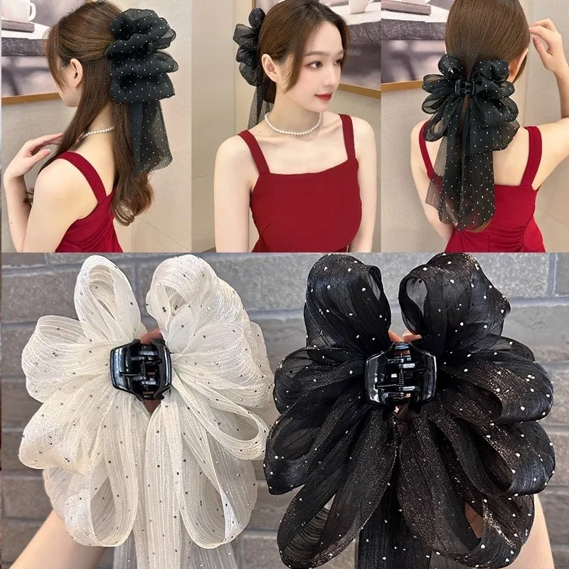 

Gypsophila Ribbon Gauze Bow Hair Accessories Hair Claw Grab Clip Female Summer Back Head Half-Tie