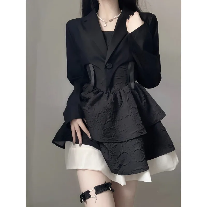 Würziges Mädchen Bogen Riemen Kuchen Kleid Mantel zweiteilig Set Frauen Mode koreanische Schnürung solide schlanke Mode schickes Bankett zeremonielle Kleid