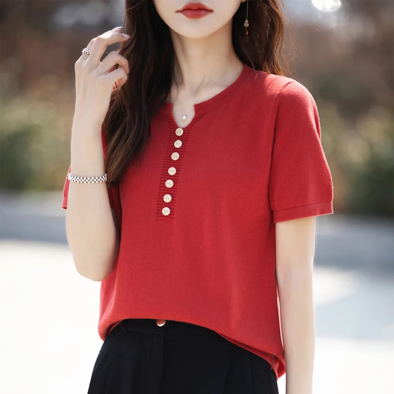 Women Pure Cotton Button Down Short Sleeve T Shirt Casual Summer Solid Color Knit Pullover Loose Round Neck Vest Tops  Blouse...