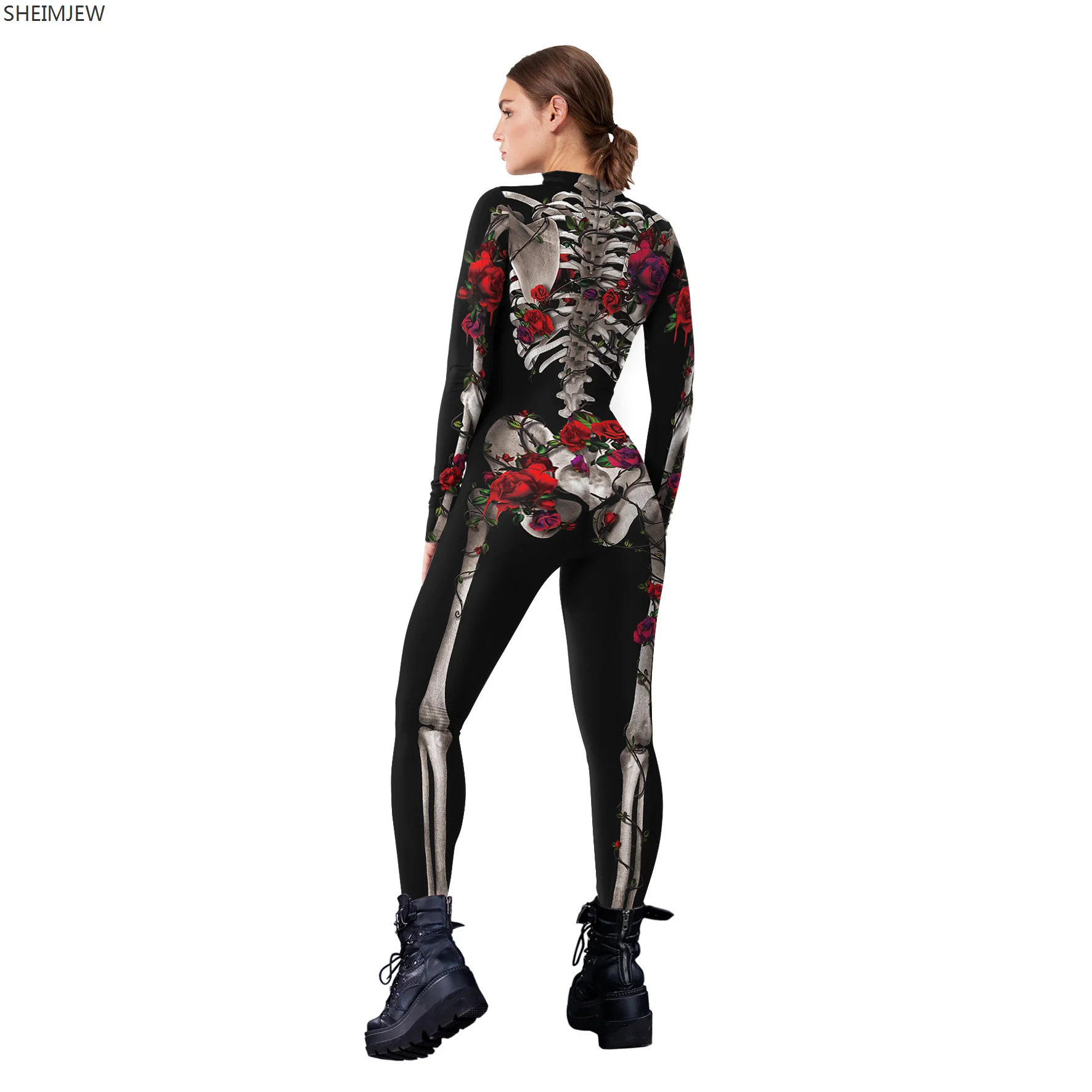 Nieuwe Halloween Skelet Cosplay Jumpsuit Skelet Rose 3d Print Zentai Pak Vrouwen Vakantie Feest Podium Show Catsuit Rave Outfit