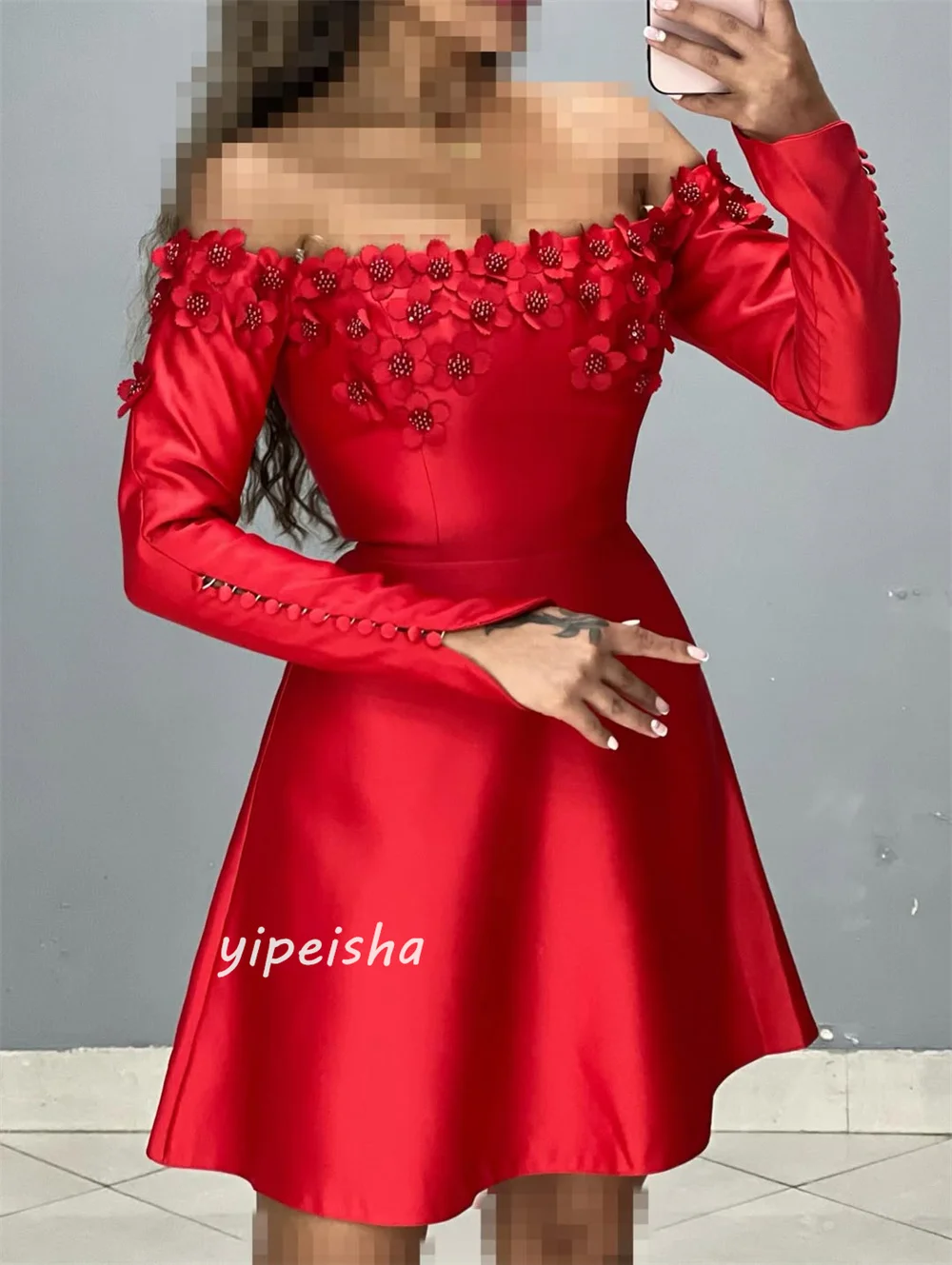 カスタマイズされたモダンなスタイルのクラシックな手作りフラワービーズボタンAラインオフショルダーミニドレスオーダーメイドオケージョンドレス