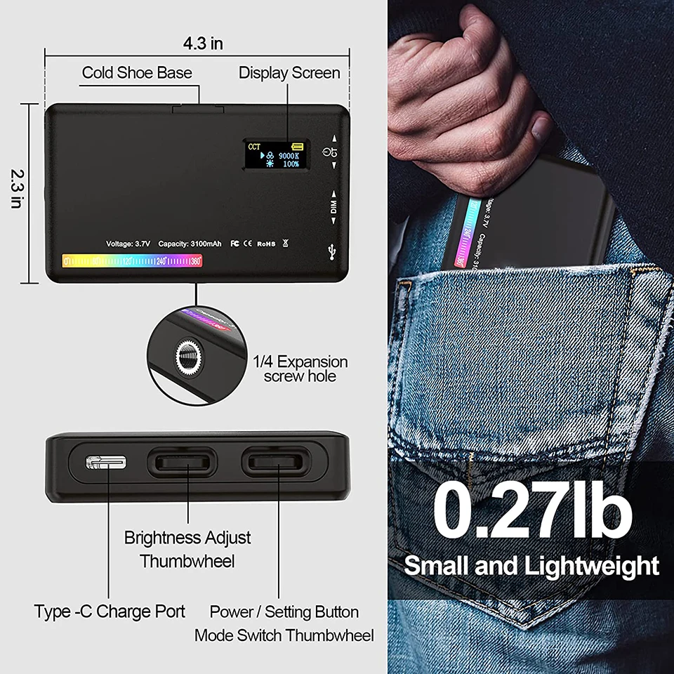 LED RGB Camera Light Full Color Output Video Light Kit Dimmable 2500K-9000K Bi-Color Panel Light CRI 95+ Rechargeable 3300mAh