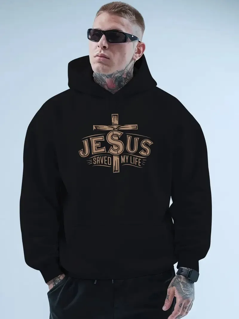 سويت شيرت رجالي فضفاض بغطاء للرأس، بلوفر أسود على طراز الشارع، قميص أمريكي كاجوال بقلنسوة، مناسب لهدايا عيد الميلاد #1