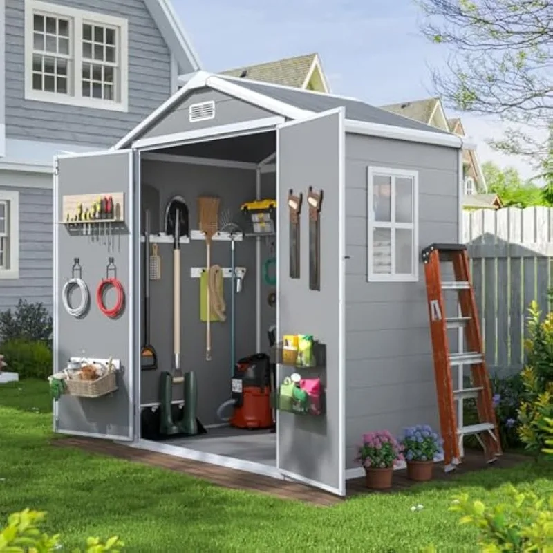 Aoxun 6x4 FT Outdoor Storage Resin Shed, Outdoor Shed with Floor, Gray | Plastic Shed with Lockable Doors & Slooping Roof