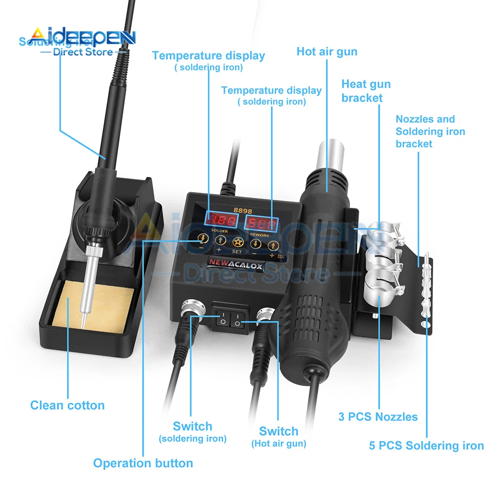 8898 2 in 1 Soldering Station Digital Display Hot Air Gun Welding Rework For Cell-Phone BGA SMD PCB IC Repair Solder Iron Tools