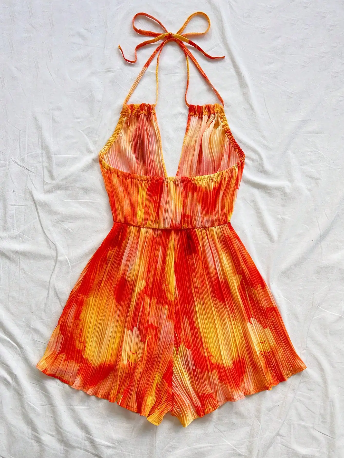 Orange Red Tie-Dye Floral Print Jumpsuit, V-Neck Backless Drawstring Waist, Boho Summer Vacation Bodysuit for Women