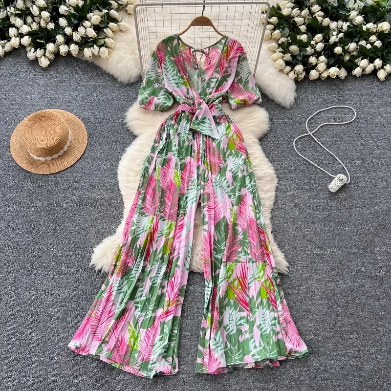 Holiday Beach Ropa Mujer Pleated Print Jumpsuits V-neck Kink Jumpsuit High Waist Women Pants Lantern Sleeve One Pieces