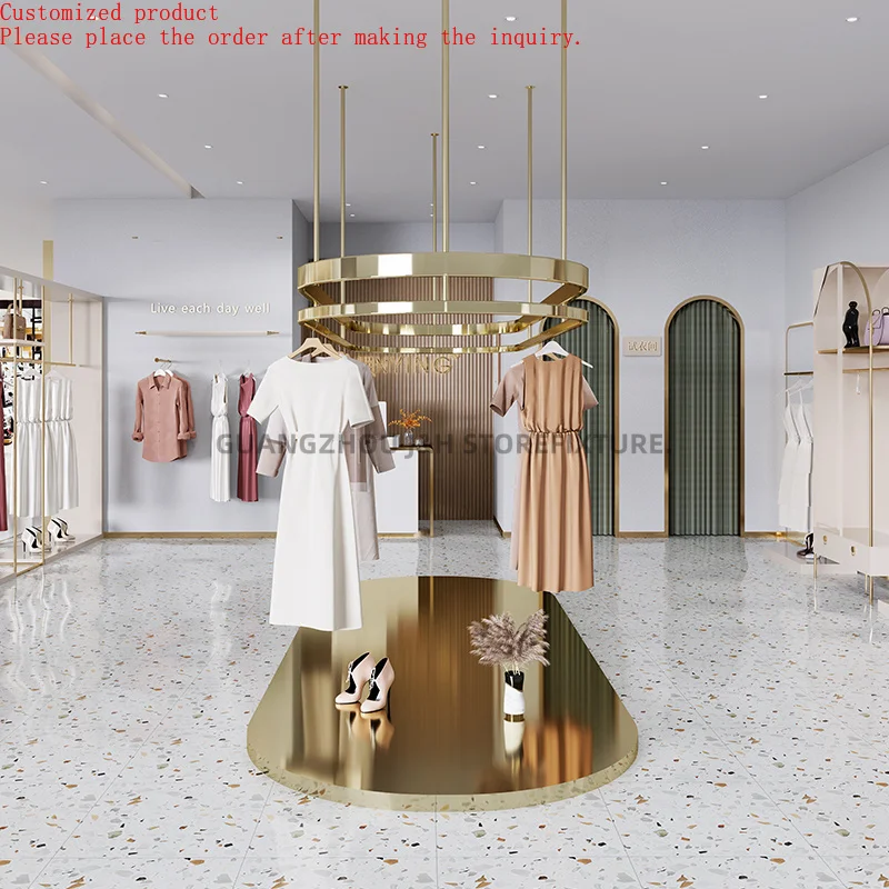 

Fashion Style Ceiling Mounted Clothes Rack & Rails Adjustable Height Hanging Clothes From Ceiling Golden Display Shoes
