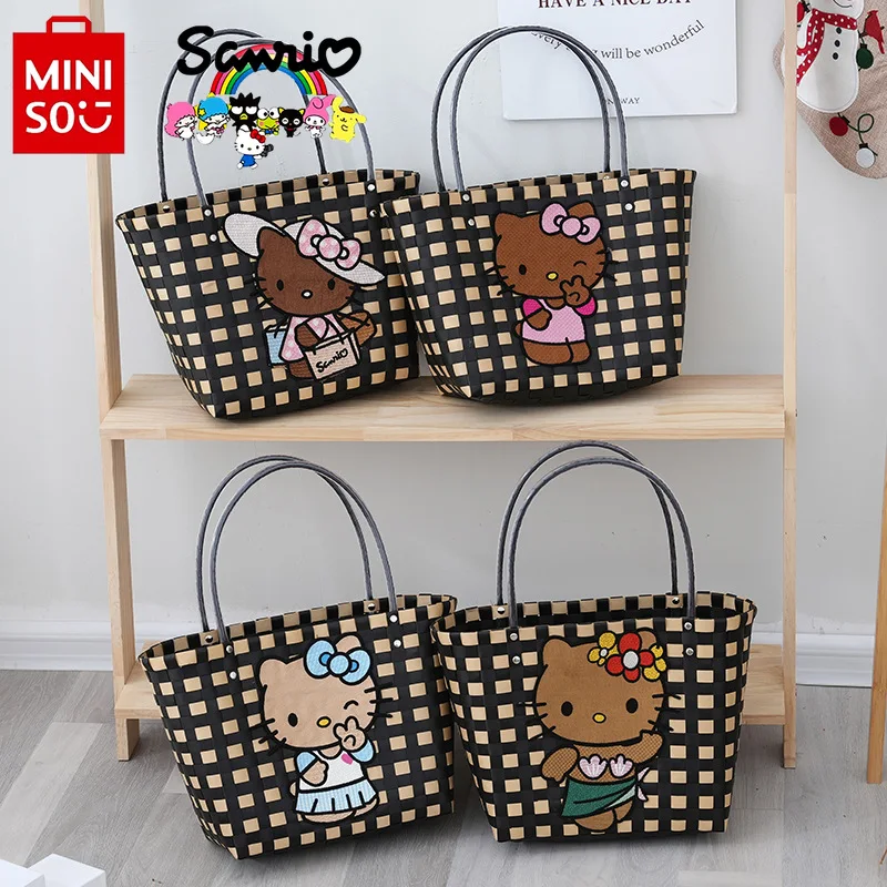 HelloKitty New Women\'s Woven Bag Fashionable High Quality PVC Women\'s Handbag Cartoon Large Capacity Multi Functional Beach Bag