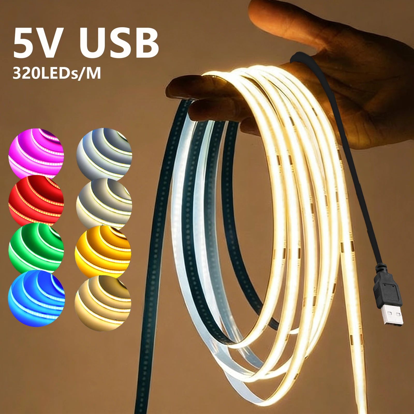 5V USB COB LED Strip Light 320LEDs Ribbon Tape Warm White Red Green Blue Pink Yellow 8mm PCB Flexible Linear Lighting Room Decor