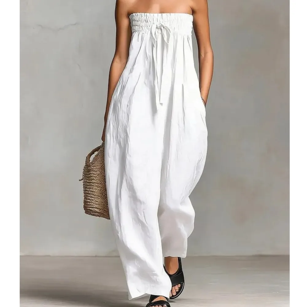 Jumpsuit Bow Tie Tube Top Women's Summer New Women's Cotton And Linen Blended Loose Jumpsuit With Pockets Комбинезон Женский
