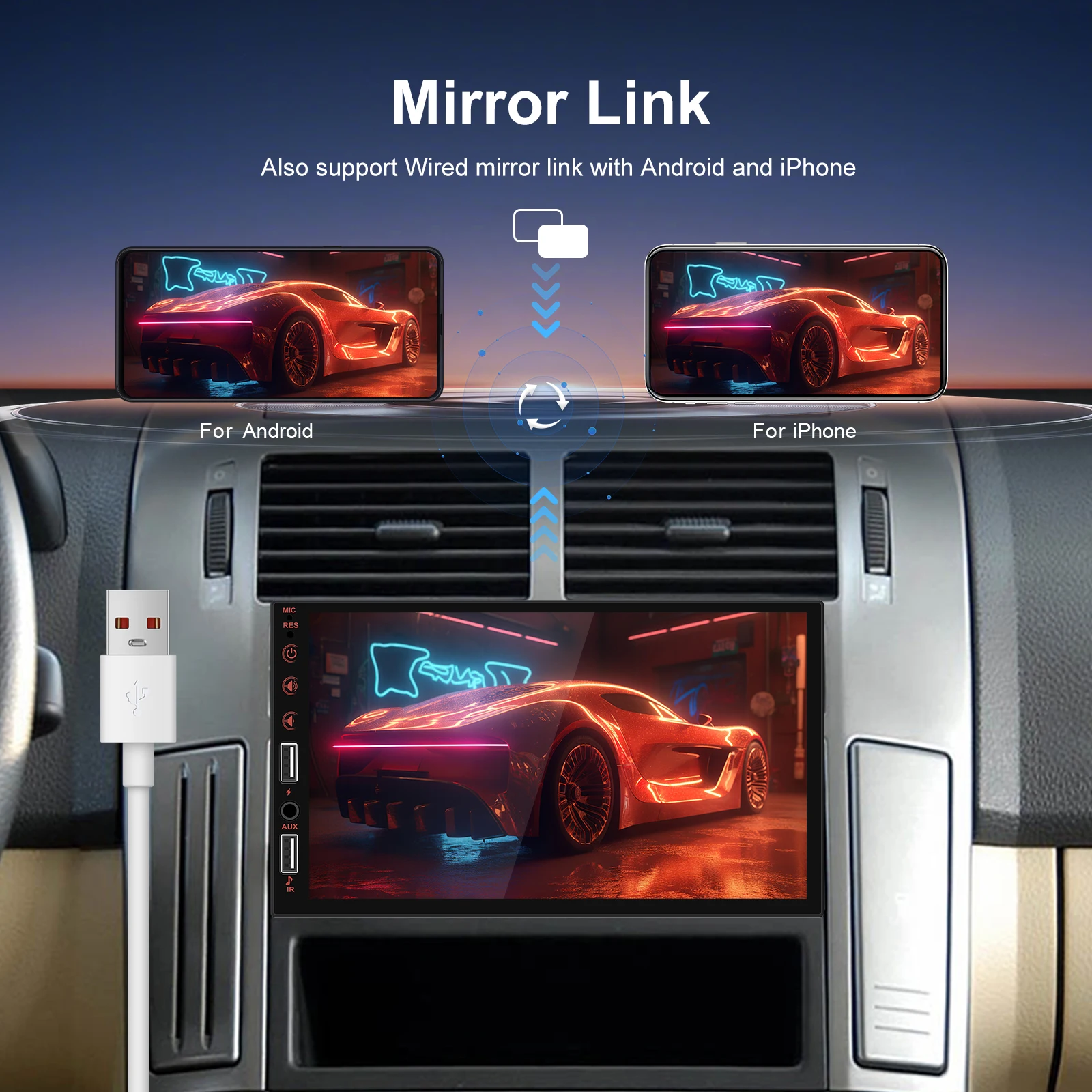 Podofo 1Din 7'' Auto-Multimediaplayer Kabelloses Carplay Android Auto Mirror Link Universeller Auto-MP5-Player Bluetooth FM DVR AUX-IN – Detail 4