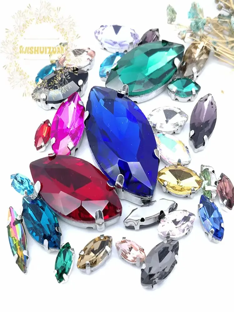 Silver Claw Setting 30 pz/borsa Peacock Blue Horse Eye Shapes Mix Clear Gass Crystal Sew On strass abito da sposa scarpe borsa fai da te
