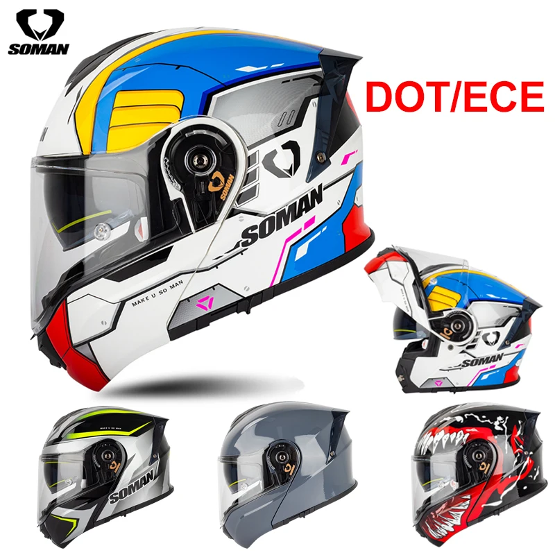 

DOT ECE Approved Modular Helmet With Rear Spoiler Flip Up Motorcycle Cover Dual Lenses Moto Full Face Helmet Cascos Soman SM965