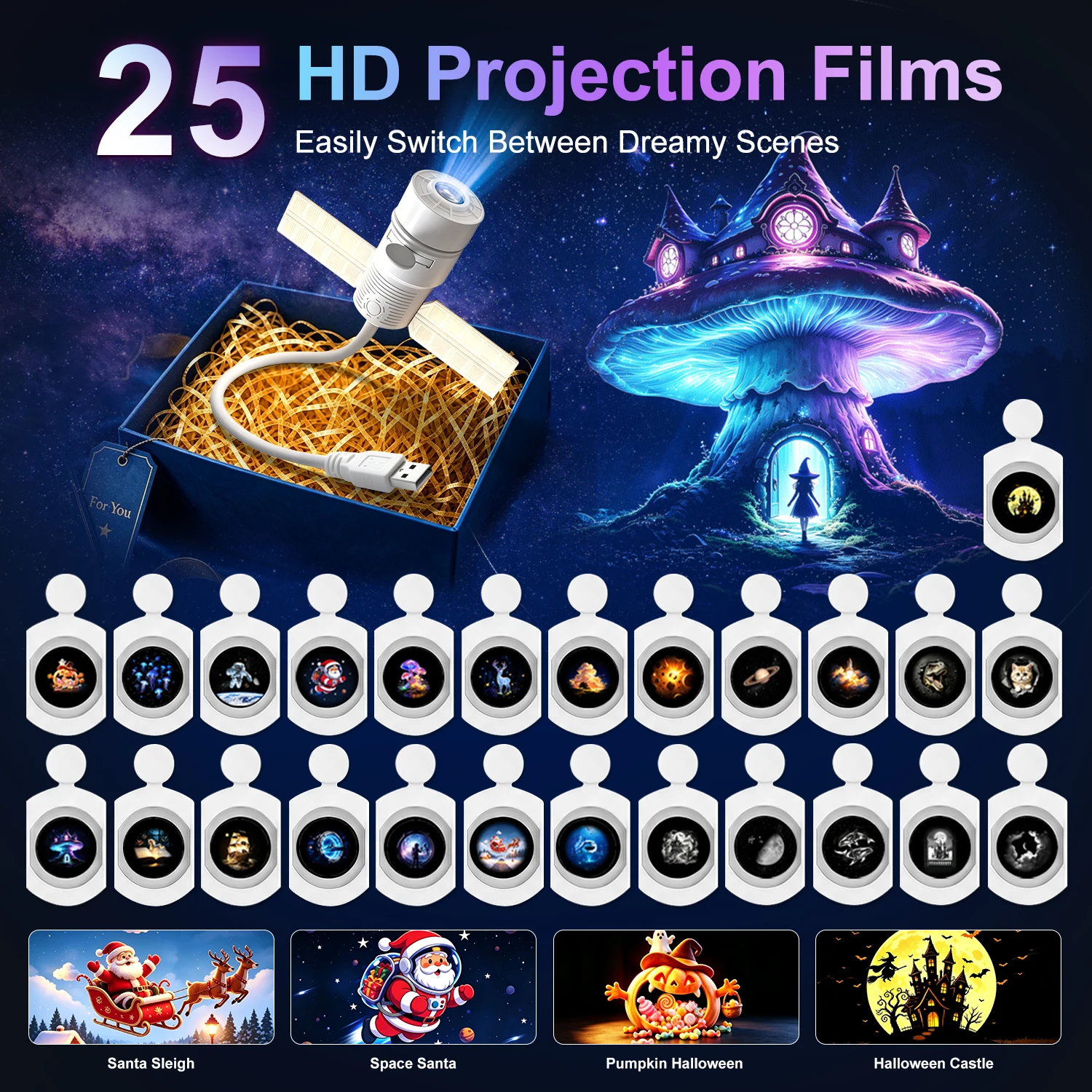 Salange 2-in-1 USB Space Station Star Projector & Night Light Multiple Scenes Adjustable Focus Distance Multi-slide Replacement