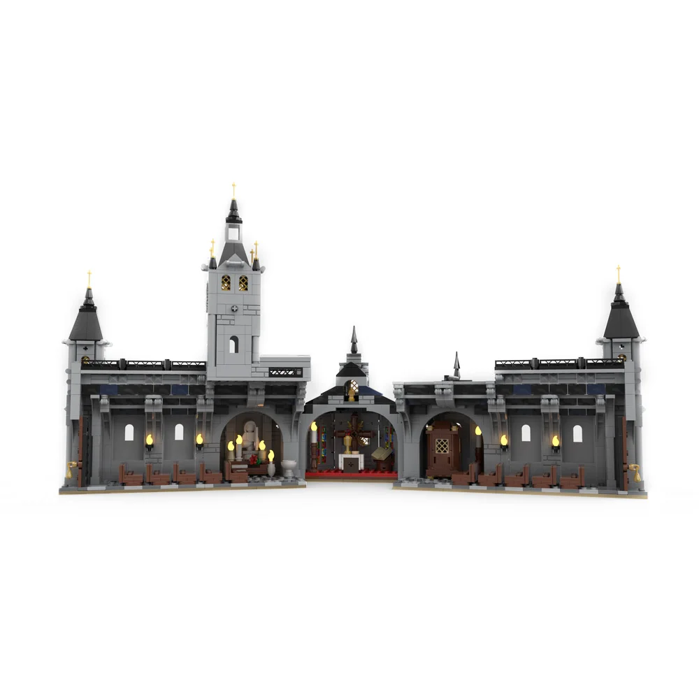 MOC Chiesa Medievale Modello Building Blocks Sacerdote Tempio Altare Confessore Campana Torre Chiesa Cristiana Architettura Mattoni Giocattolo Regalo