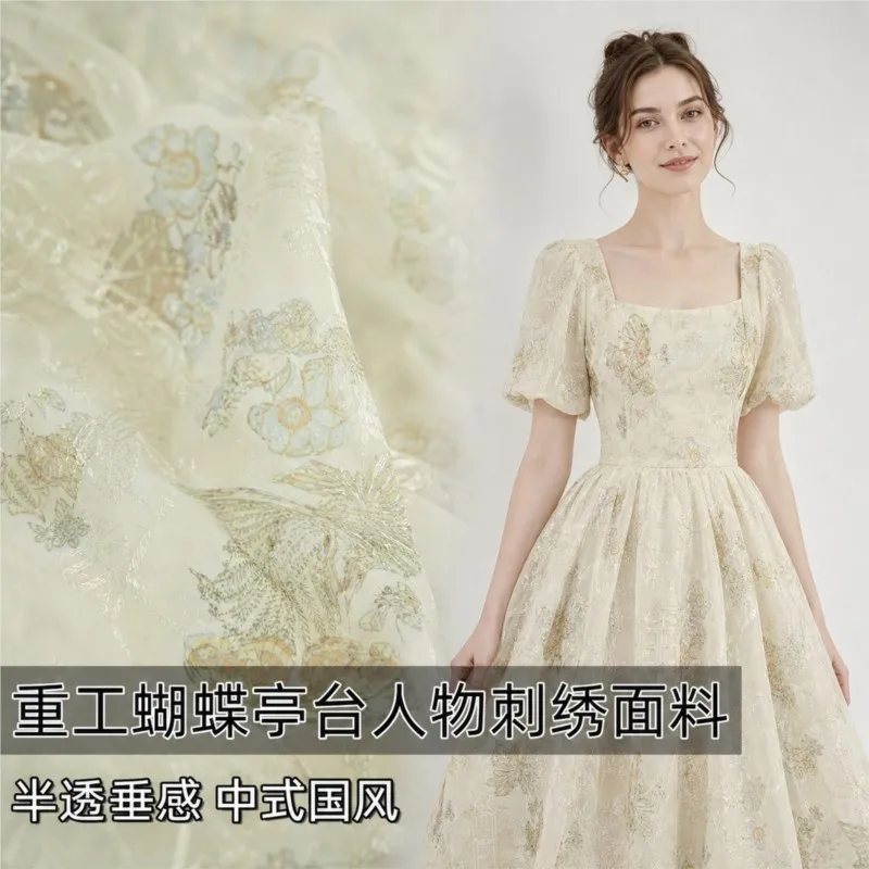 Chinese-style heavy industry pavilions terraces towers figures embroidery European-style gauze mesh fabric formal wear Hanfu