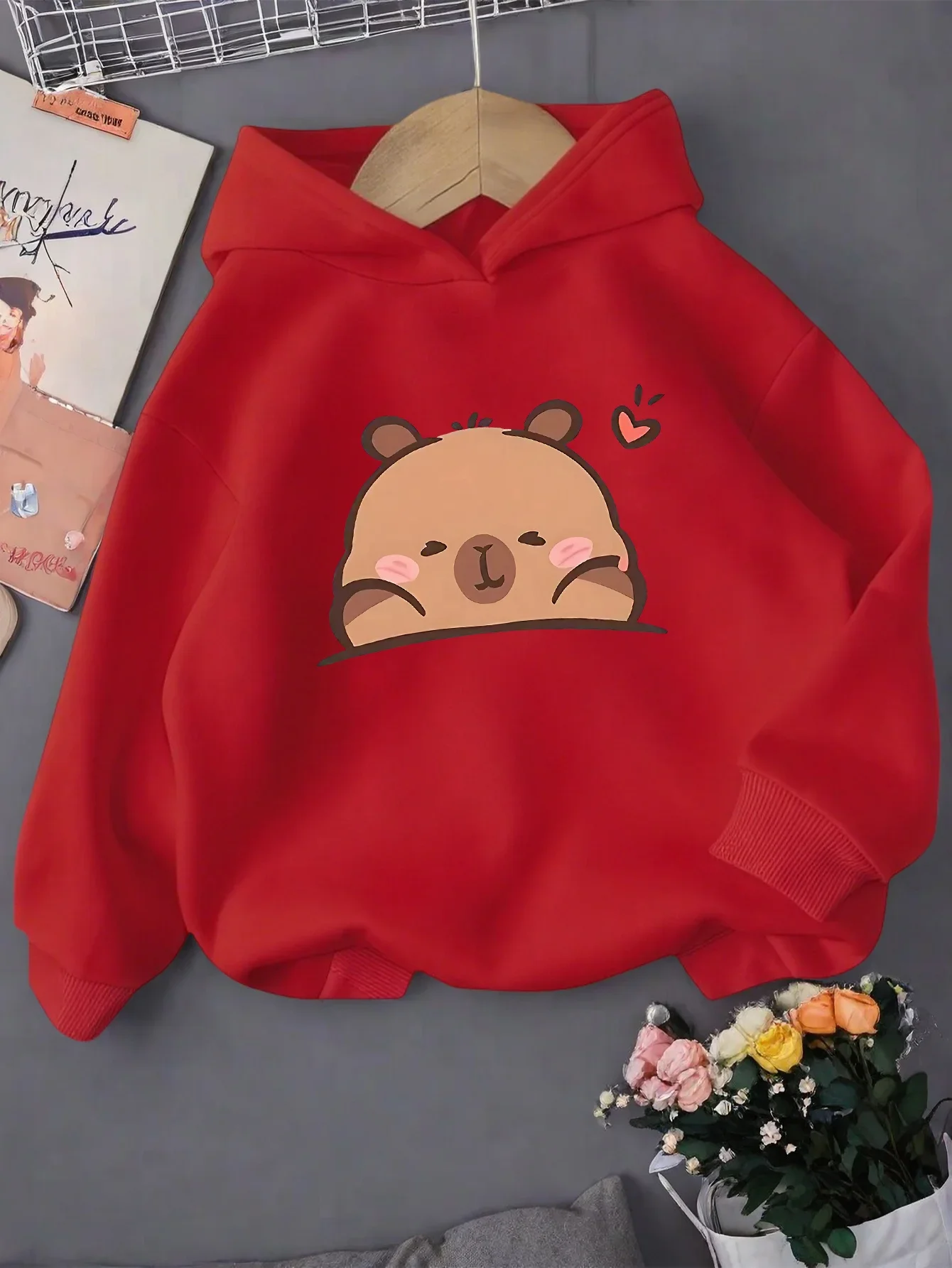 Kids Cute Capybara Hoodie Cartoon Animal Face Print Boys Girls Long Sleeve Pullover Sweatshirt Kawaii Casual Tops Spring Autumn
