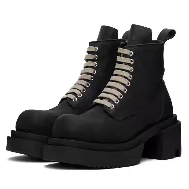 Men High Top Shoes Platform Man Sneakers Leather Lace Up Gothic Heels Luxury Vintage Trendy Male Designer Boots Black