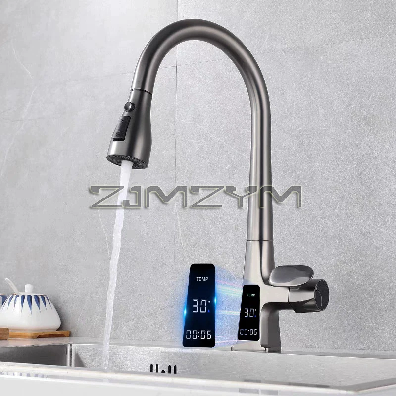 Kitchen Sink Digital Display Pull-Out Faucet Cold And Hot Wate Mixer Tap 360° Rotation Three-Mode Outlet Basin Faucet