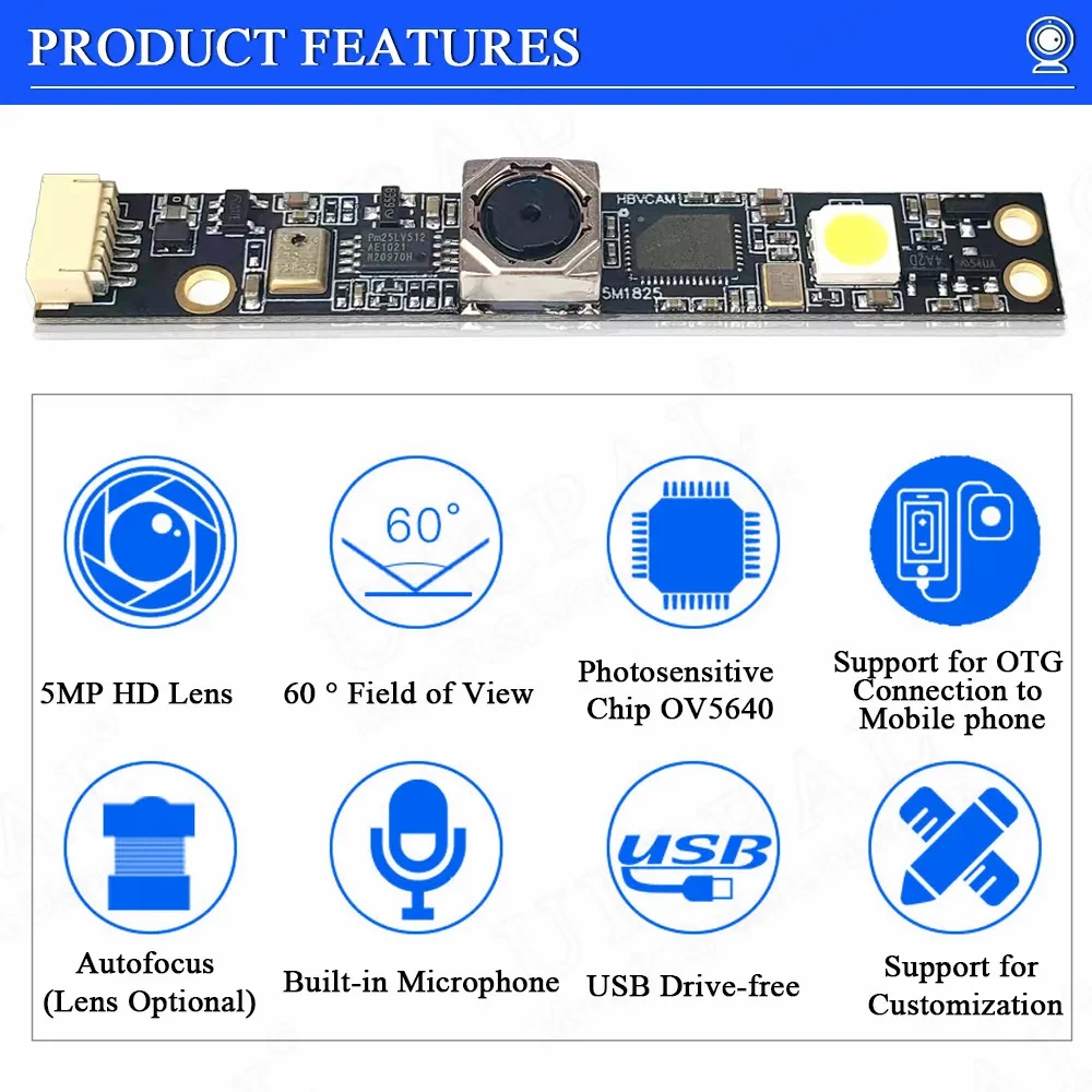 Imagem -04 - Usb Câmera Module Board para Laptop Ov5640 hd Milhões de Pixels Foco Automático af ff 60 100 160 Graus Driver