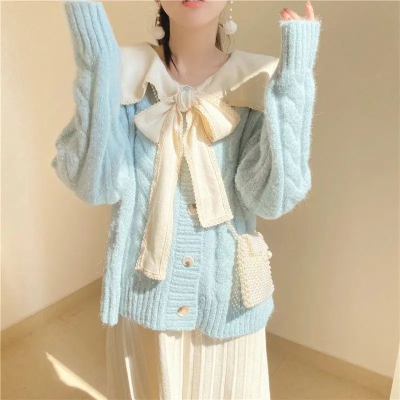 Sweet Loose Vintage Sweater Women Autumn Winter Knitting Cardigan Coat Lacing Long Sleeve Fashion All-match Trend Knitwear Tops