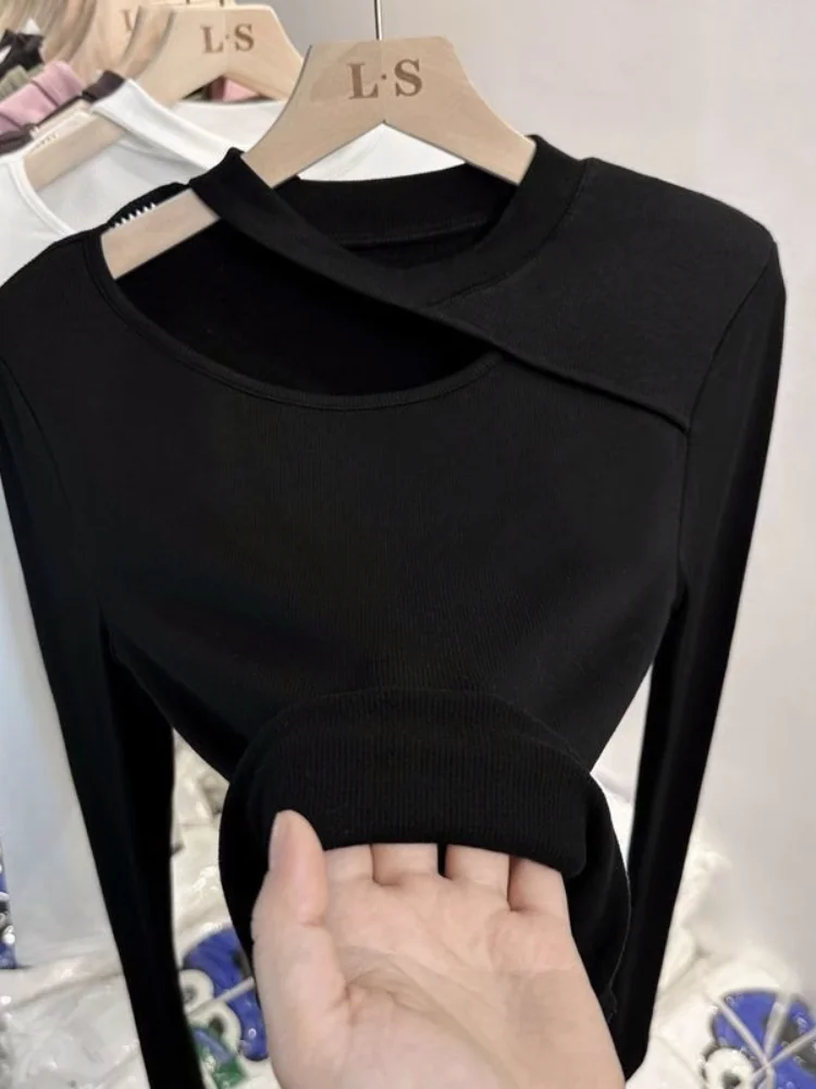 Women's Long Sleeve Fleece Lined Base Shirt Hollow out Slim Fit T-Shirt Spring Autumn New Style Underwear Top Weight Loss
