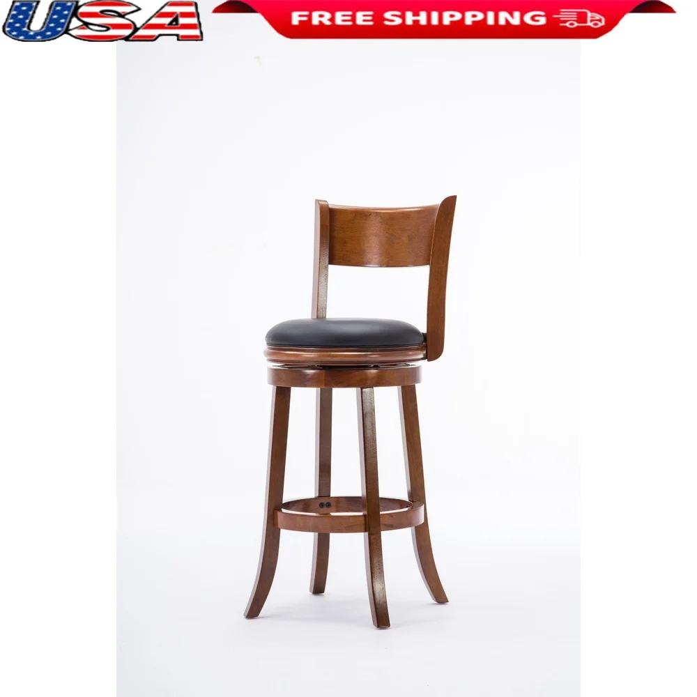 High Back Swivel Wood Bar Stool 29in Durable Faux Leather Seat 360 Degree Rotation Flared Legs Footrest Kitchen Dining Room Bar