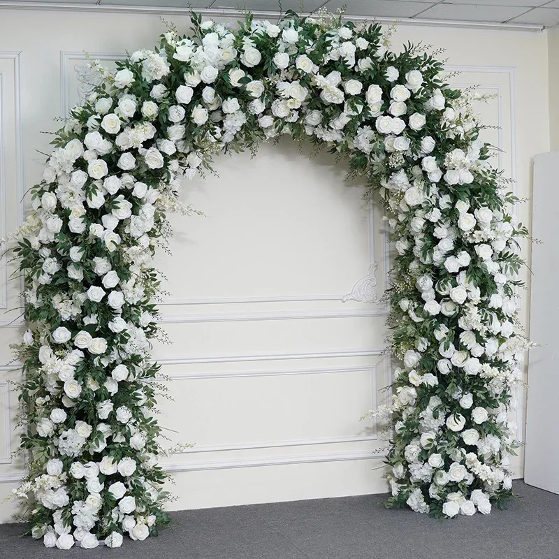 Luxus Hochzeit Hintergrund Blumen ständer weiß Rose grün Pflanze Blatt Blumen arrangement mit Rahmen Bogen Feier