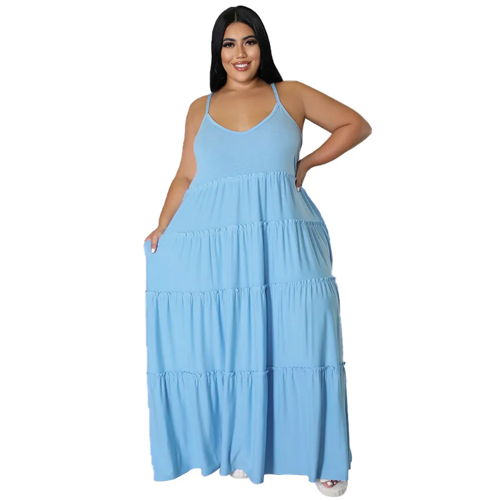 Summer 2022 Women Plus Size Clothing Sexy Halter Dress Chic Pleatded Maxi Long Dresses Elegant Wholesale Dropshipping