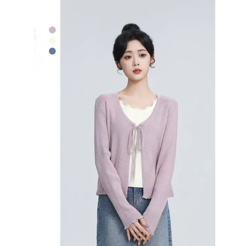 

Женский свитер с длинными рукавами контрастного цвета, осень 2023, новый дизайн, шикарный короткий топ на шнуровке