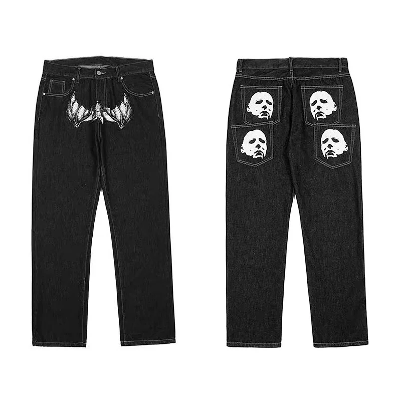 Hip Hop Printed Jeans Men Baggy Black Denim Trousers Straight Pants Spring Fashion Korean Streetwear Male Bottoms Y2K Clothes