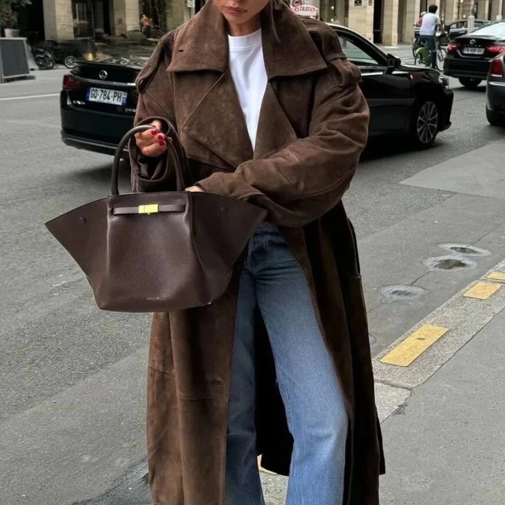 

KONDALA Vintage Brown Faux Leather Belt Overcoat Fashion 2025 Spring Casual Outwear Streetwear Mature Cool Long Slim Winter Coat