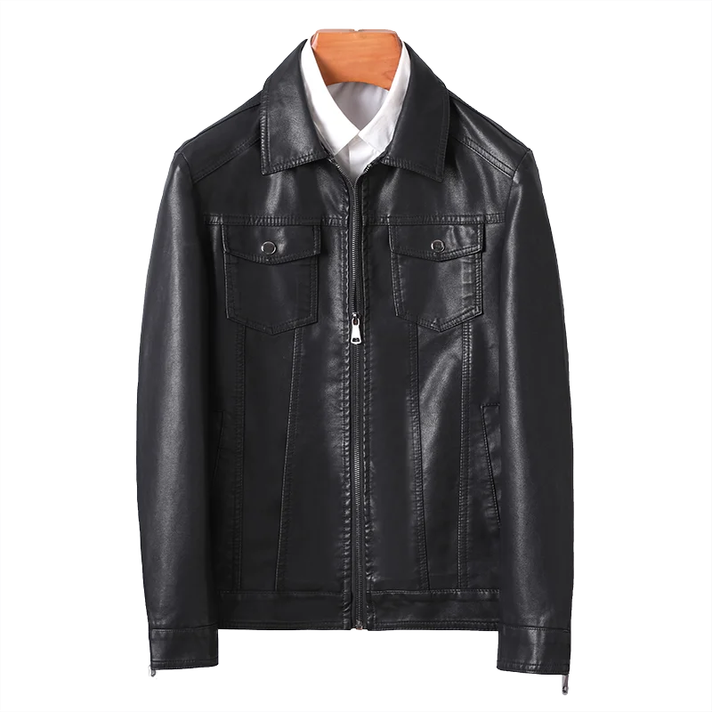 Men's Casual Texture PU Leather Jacket High Street Zippers Turn-down Collar Long Sleeve Retro Coat with Pocket Autumn 2024 New