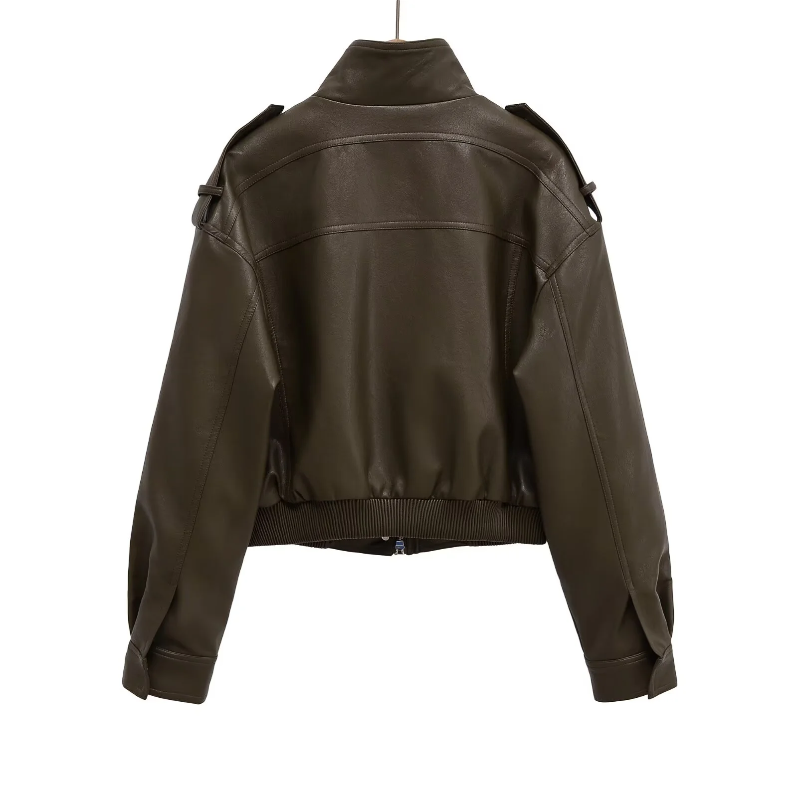 UNIZERA2025 otoño nueva mujer retro Bolsillo grande ropa de trabajo cremallera cuello alto imitación cuero suelta Chaqueta corta de manga larga