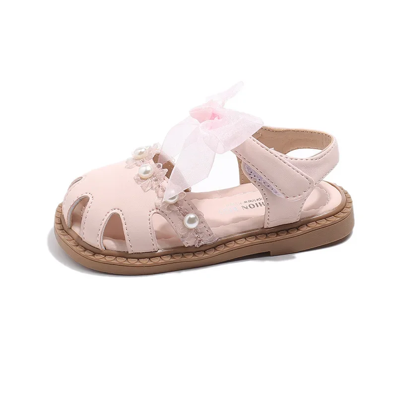 Sweet Toddler Girls Sandals Elegant Pearl Bowtie Children's Summer Sandals Fashion Cut-outs Kids Causal Princess Flat Sandals