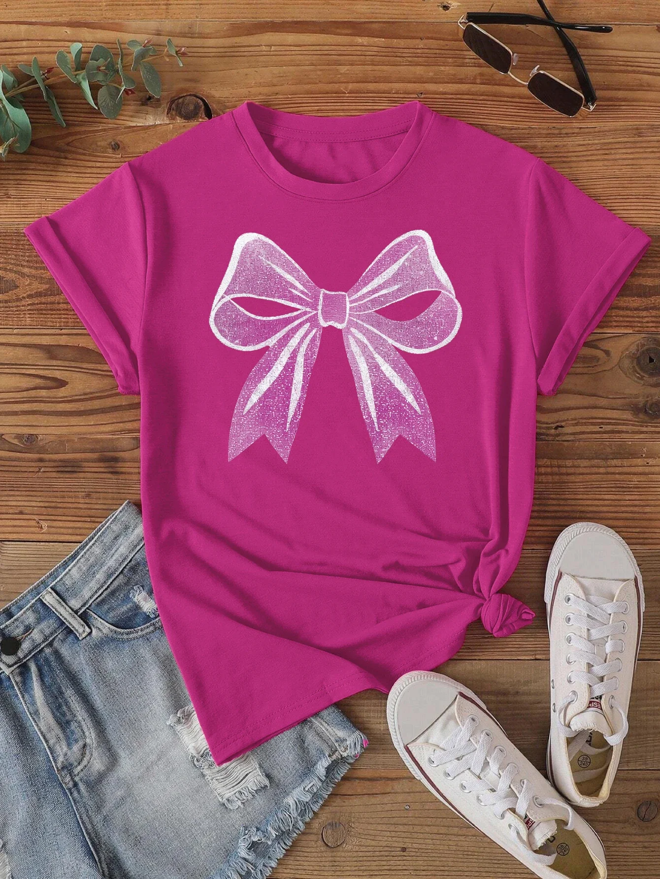 Vibrant Fuchsia Tee with Glittery Bow Print T-shirt Short Sleeve Crew Neck Casual Top For Summer & Spring Women\'s Clothing