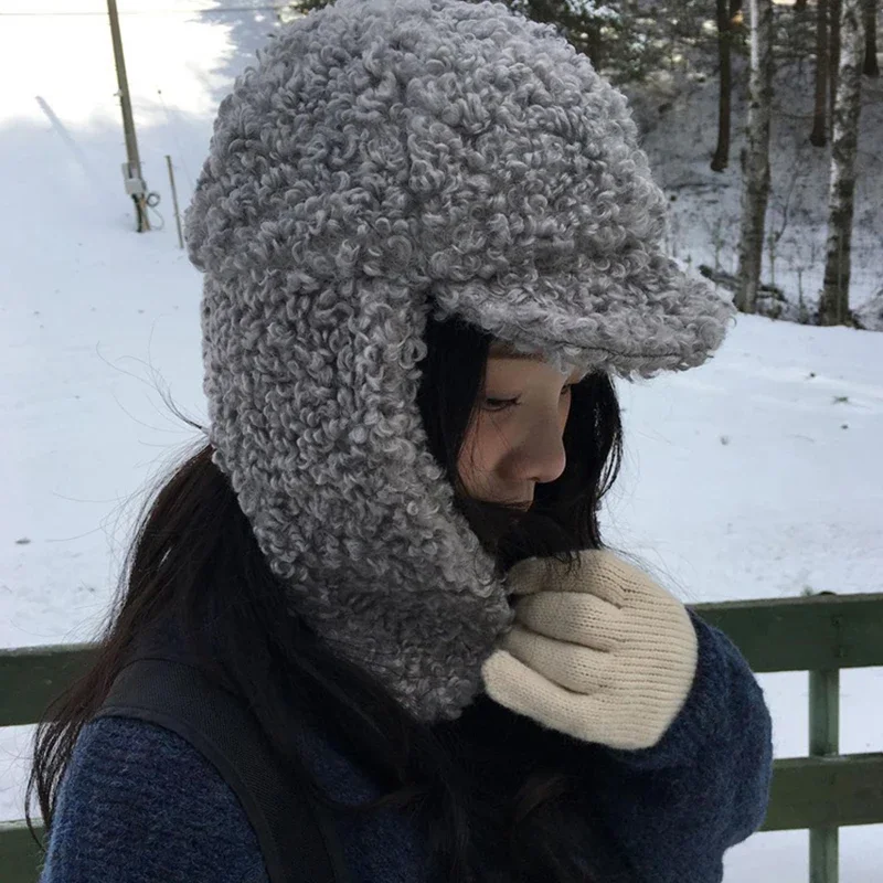 Winter hat for women Japanese solid color lamb plush LeiFeng hat autumn versatile cycling warm ear protection outdoor skiing hat