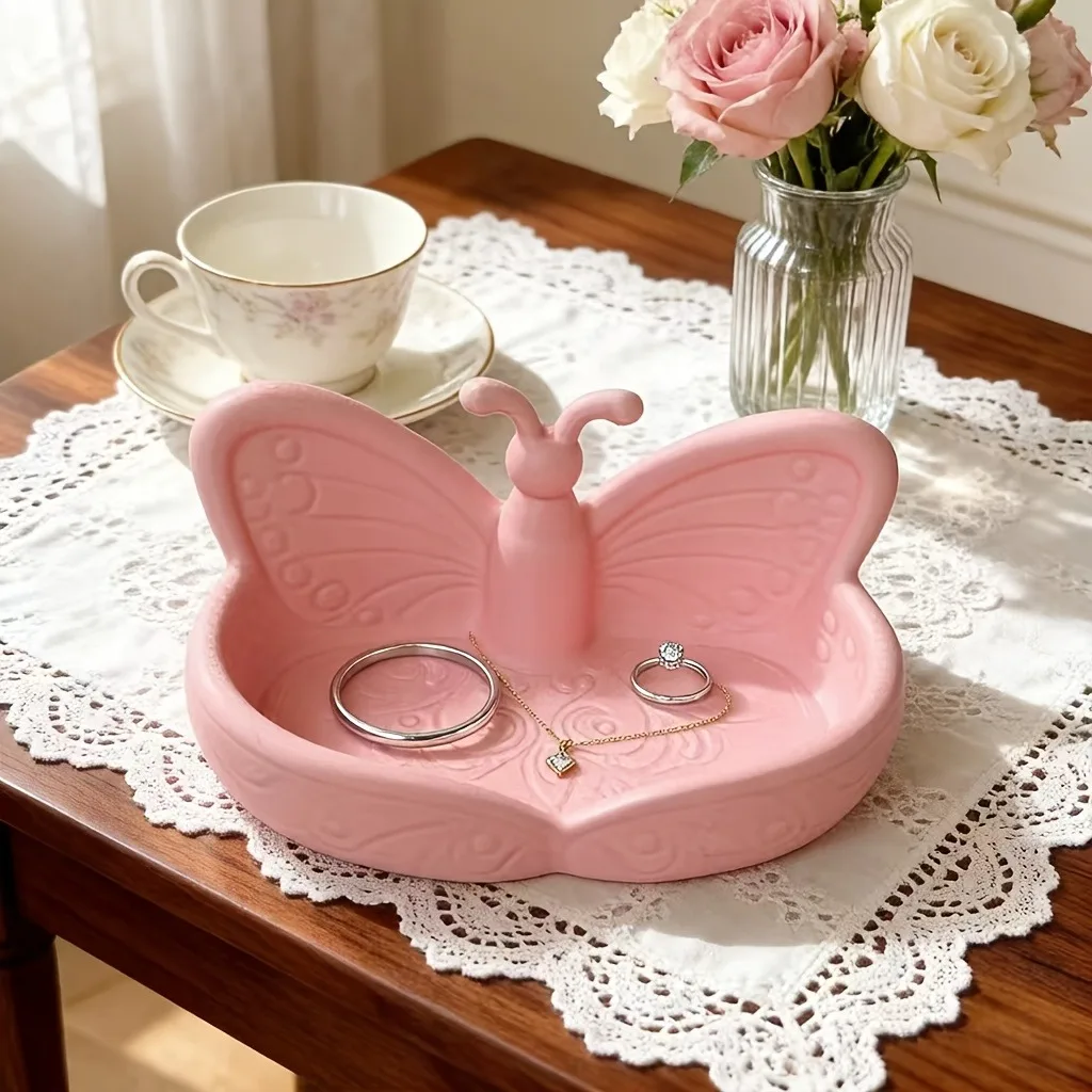 Romantic Pink Butterfly Decorative Tray, Compact Desktop Jewelry Organizer, Ideal Vanity Accessory for Storing Small Ornaments