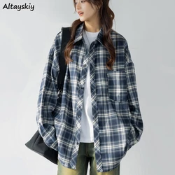 American Retro Plaid Shirts Women Casual All-match Pocket Long Sleeve Loose Clothing Spring Autumn Unisex Classical Daily Chic