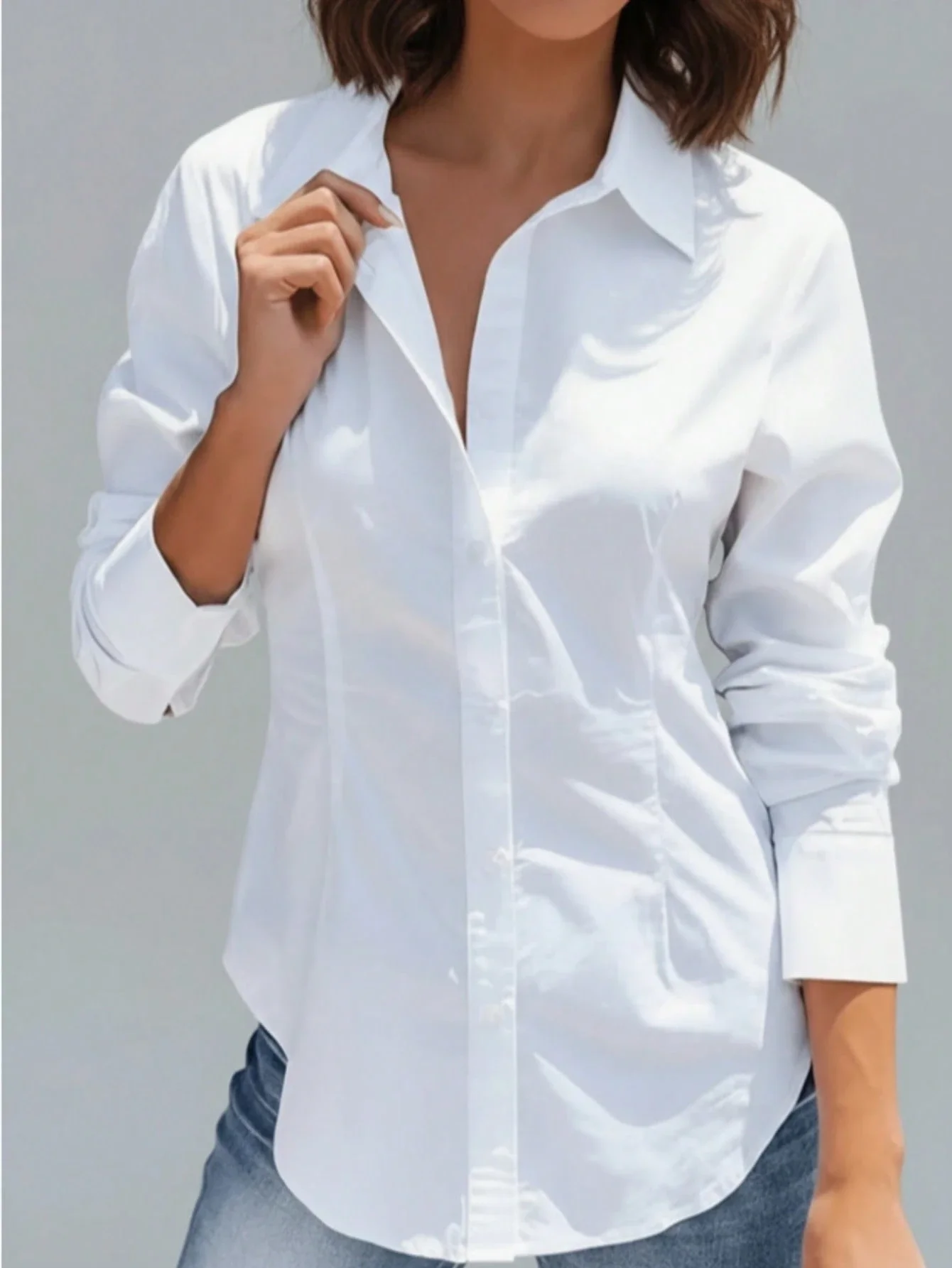 

Elegant White Button Front Shirt Regular Hem Office Wear