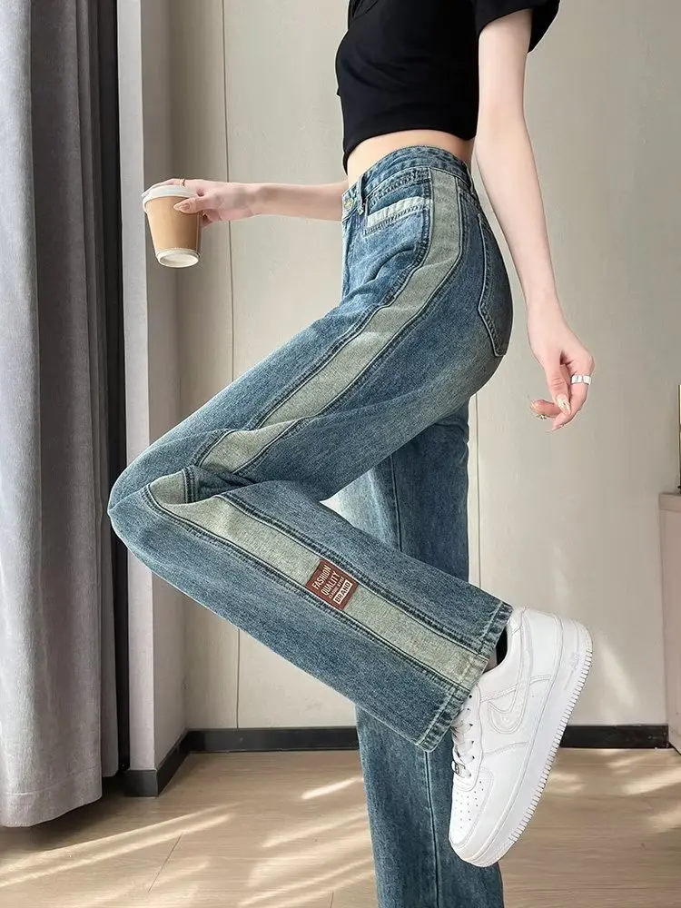 Spliced Retro Straight Leg Jeans For Women's Spring New Tall, Elongated, Versatile, Slim, Loose Fitting Wide Leg Women's Jeans