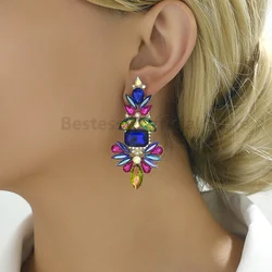 Fashion Geometric Inlaid Square Glass Design Big Dangle Earrings For Women Luxury Elegant Style Alloy Jewelry Accessories Gifts