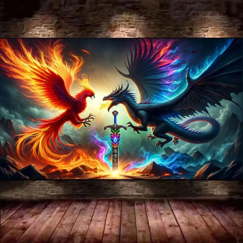 Phoenix Vs Dragon, 5D Diamond Painting For Adults DIY Full Round Diamond Gems Painting Art Craft For Home Decor