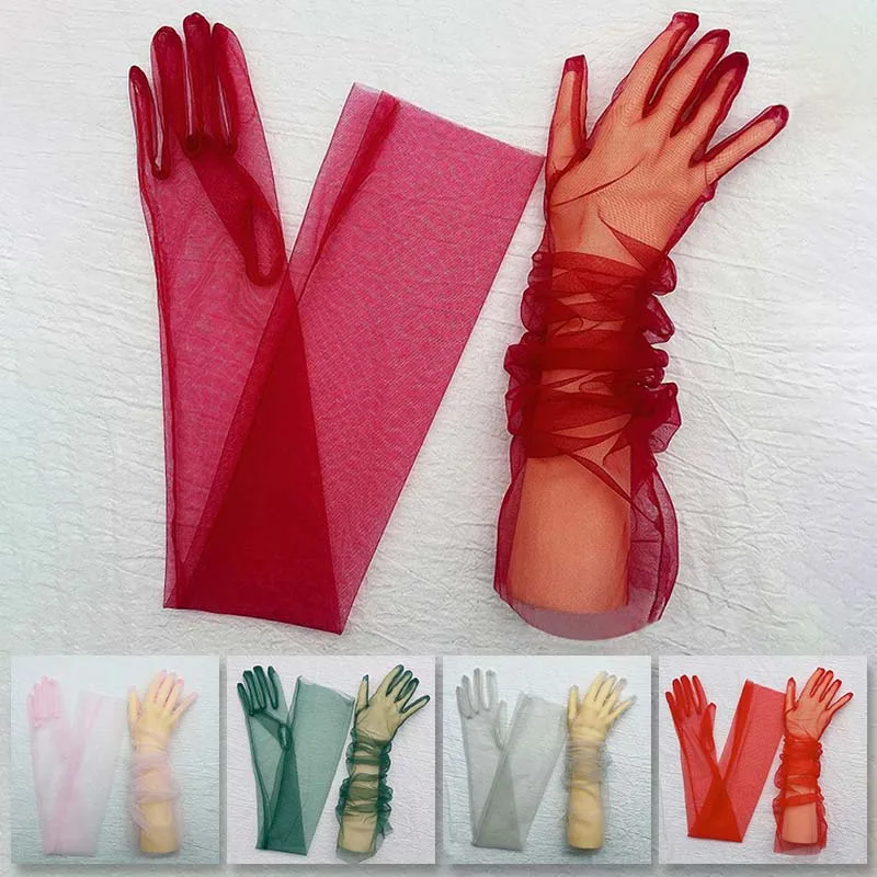 

D9 Fashion Long Sheer Tulle Wedding Bride Gloves Accessory Transparent Ultra Thin Full Finger Mittens Mesh Elbow Sunscreen Glove