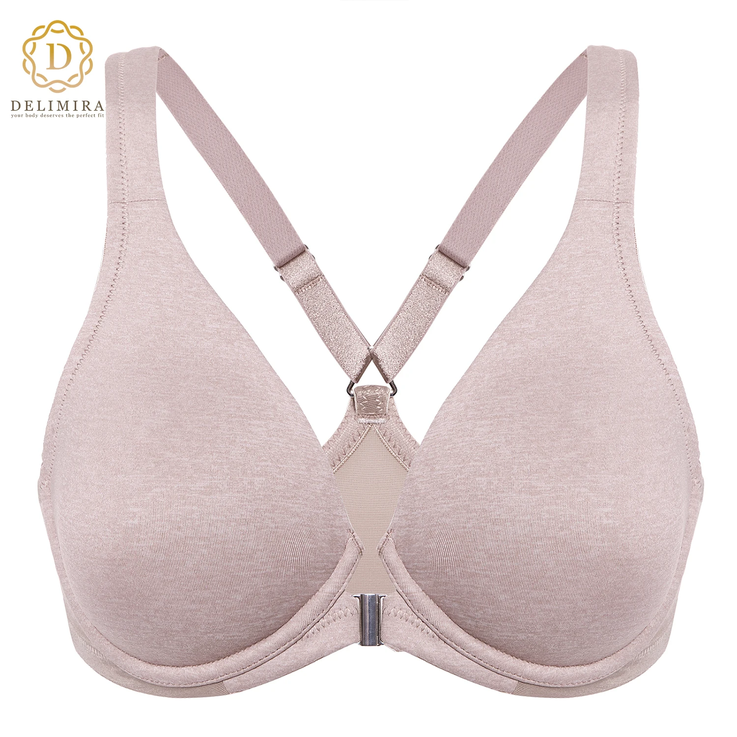 

DELIMIRA Women's Front Closure Racerback Bra Full Coverage Seamless Plus Size Underwire Support Unlined Plunge Push Up DD E F G