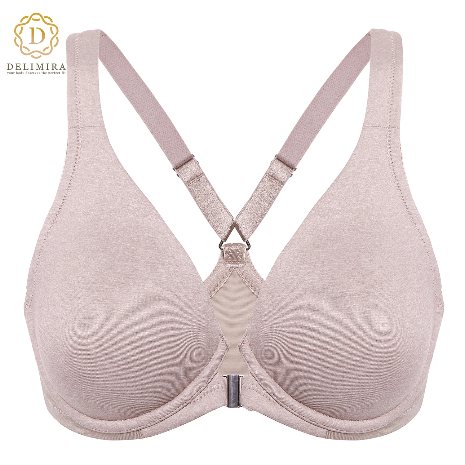 DELIMIRA Women's Front Closure Racerback Bra Full Coverage Seamless Plus Size Underwire Support Unlined Plunge Push Up DD E F G